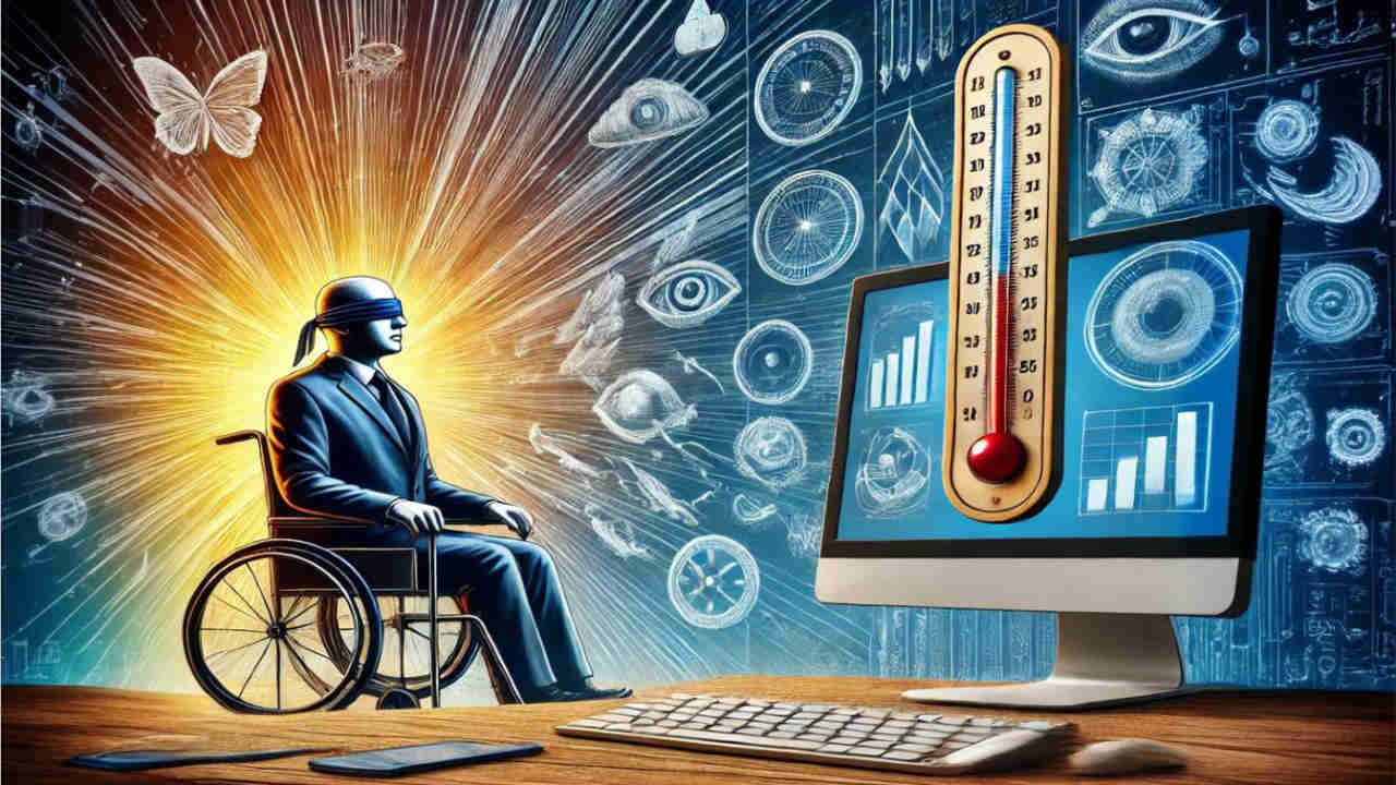 Uomo bendato in sedia a ruote e computer