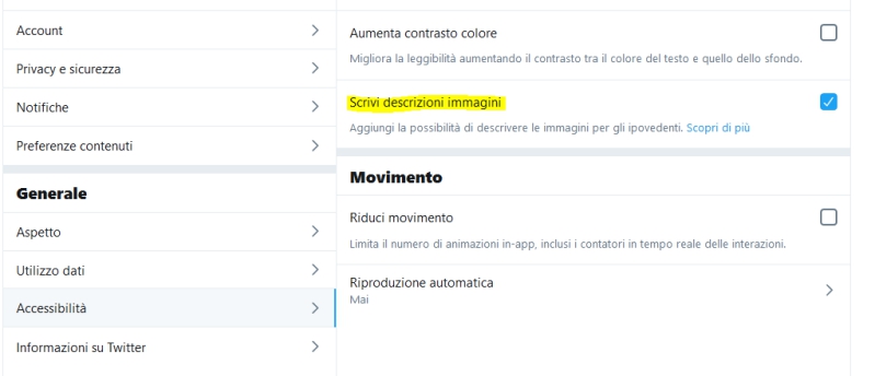 Opzione testo alternativo profilo 